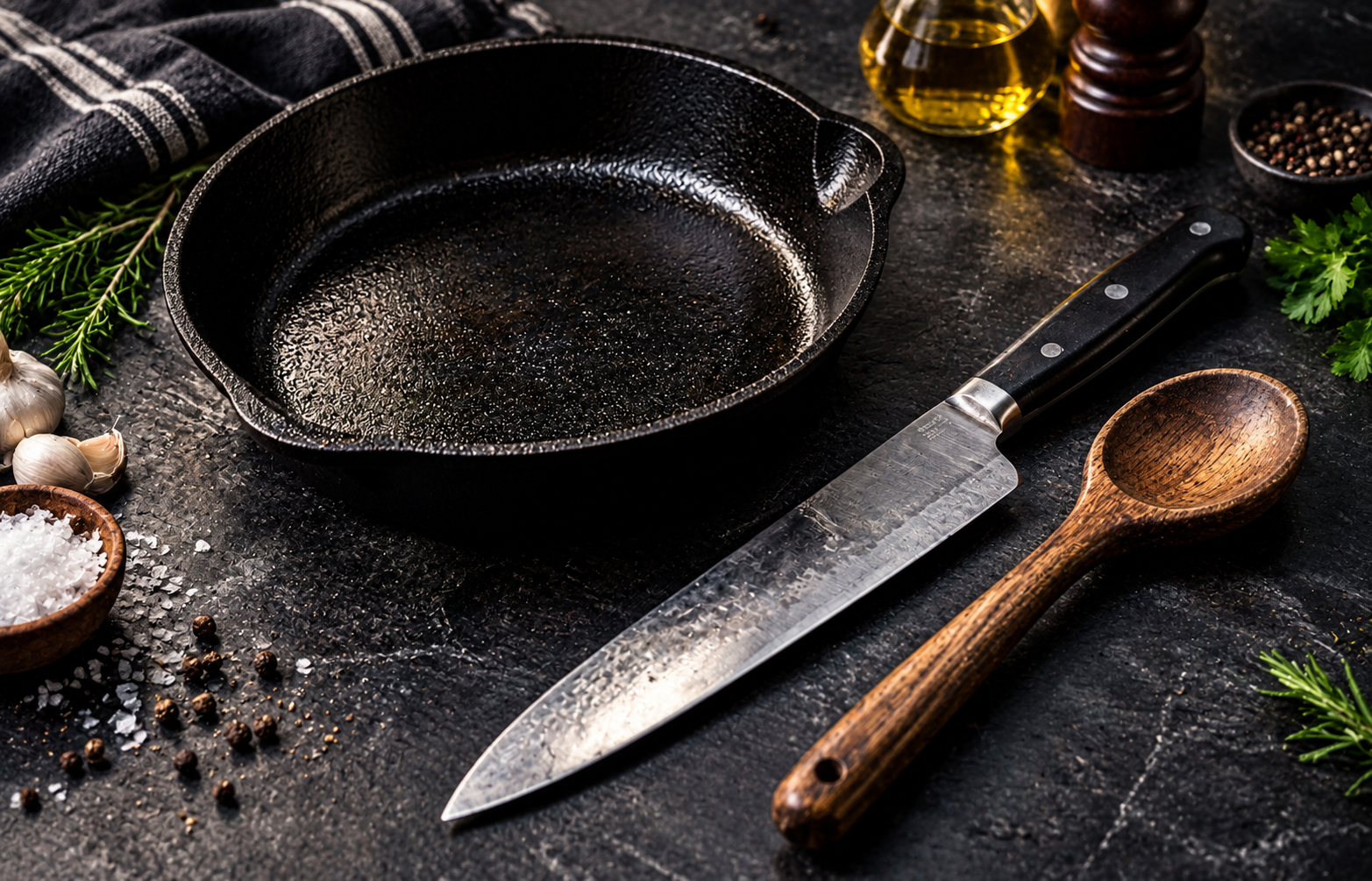 Cast iron skillet, chef's knife and wooden spoon on slate