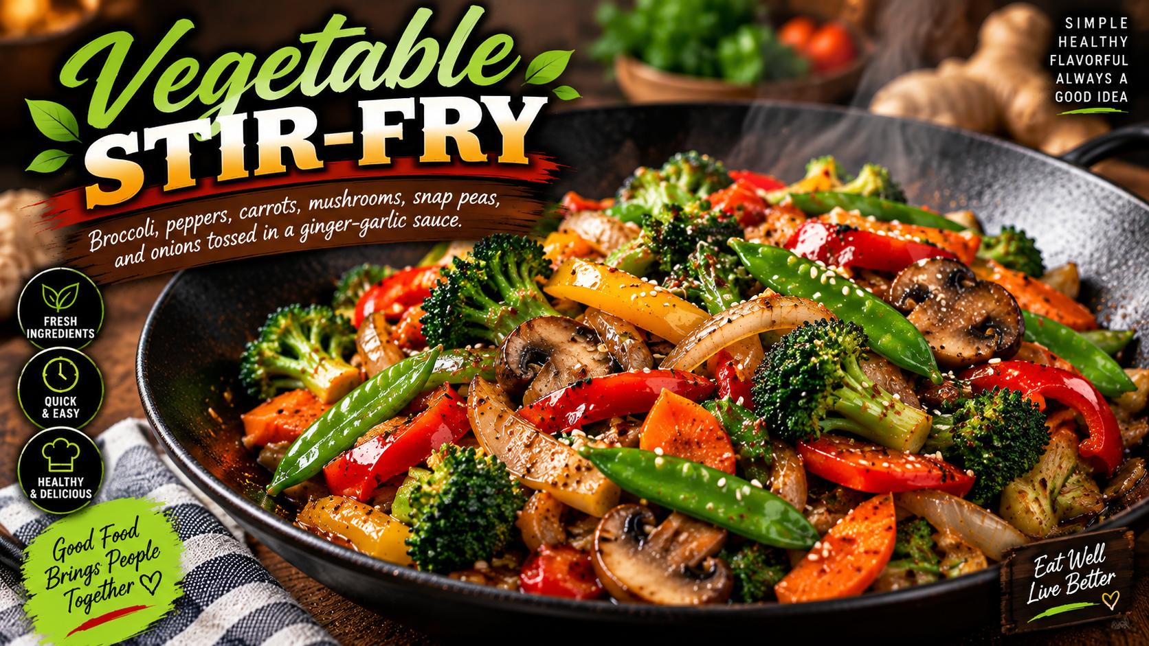 Colorful vegetable stir-fry with broccoli, peppers, carrots and snap peas in a glossy ginger-garlic sauce